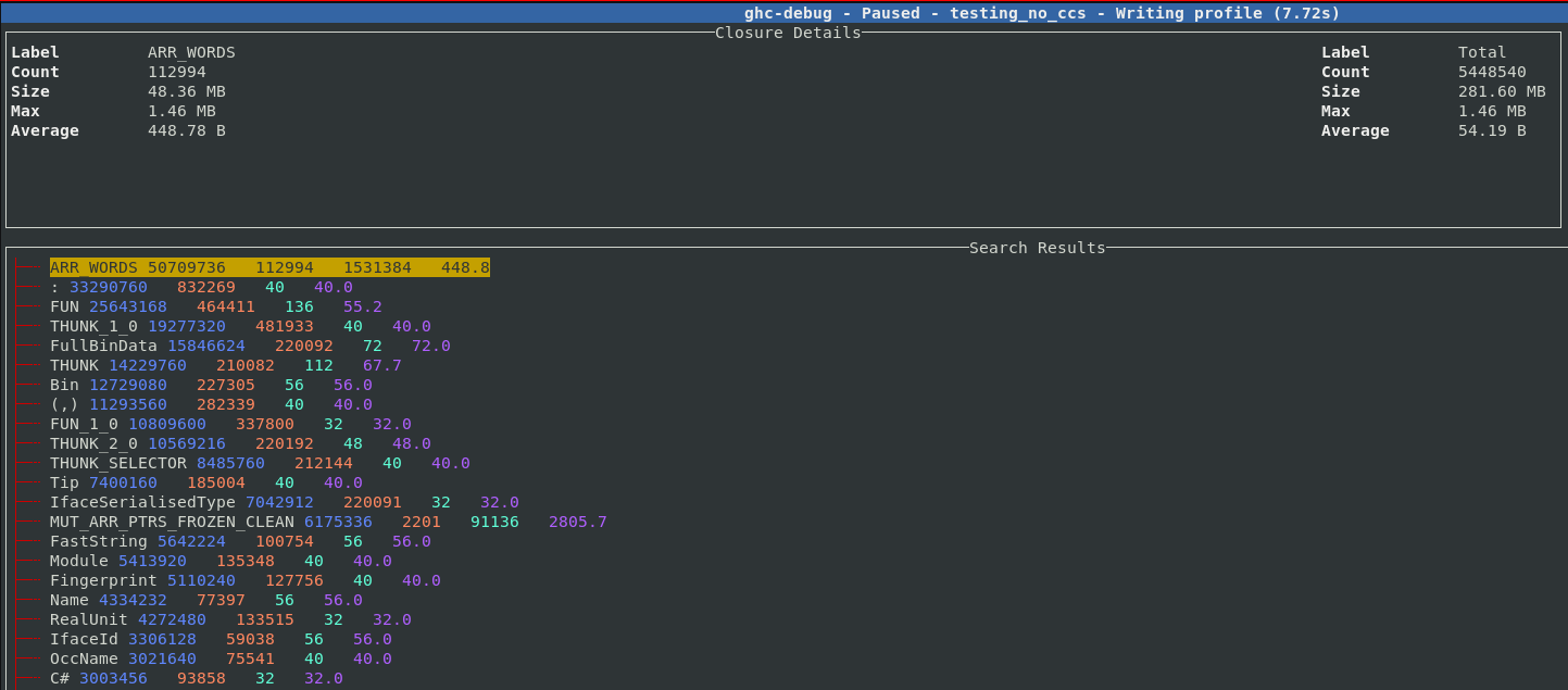 A 1-level profile, displayed in ghc-debug-brick