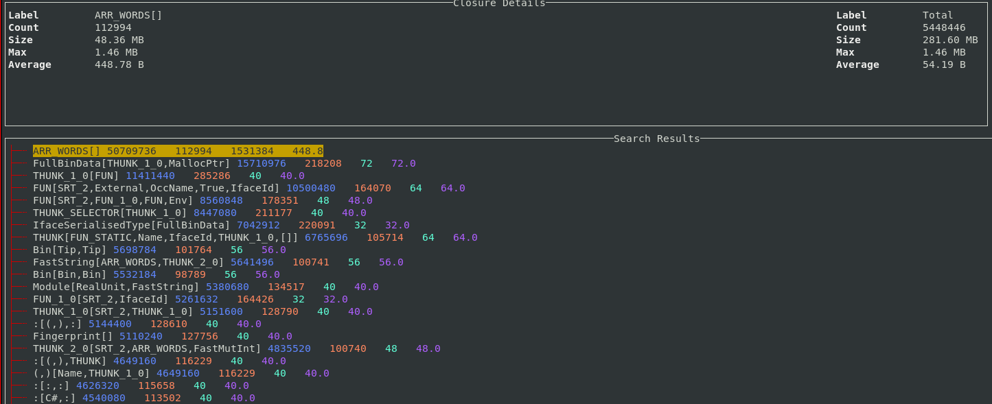 A 2-level profile displayed in ghc-debug-brick