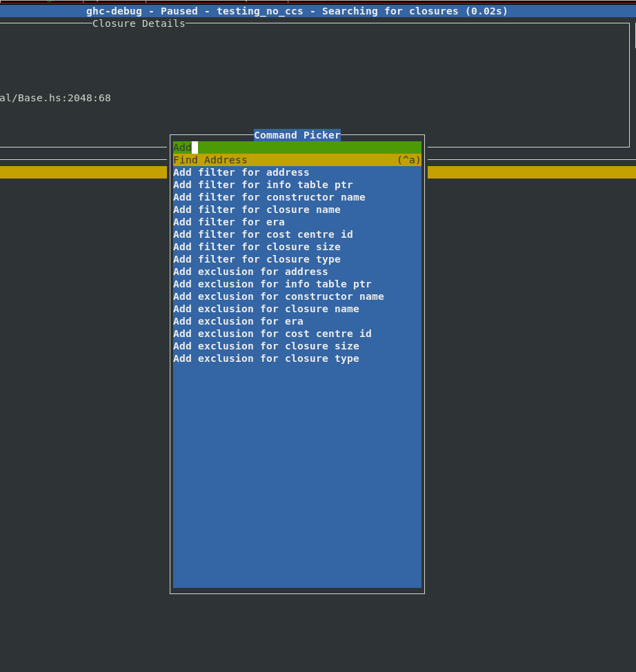 The filters available in ghc-debug-brick