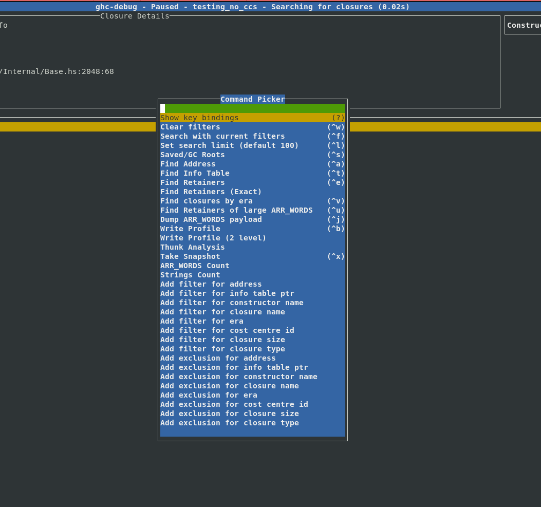 The commands now available in ghc-debug-brick
