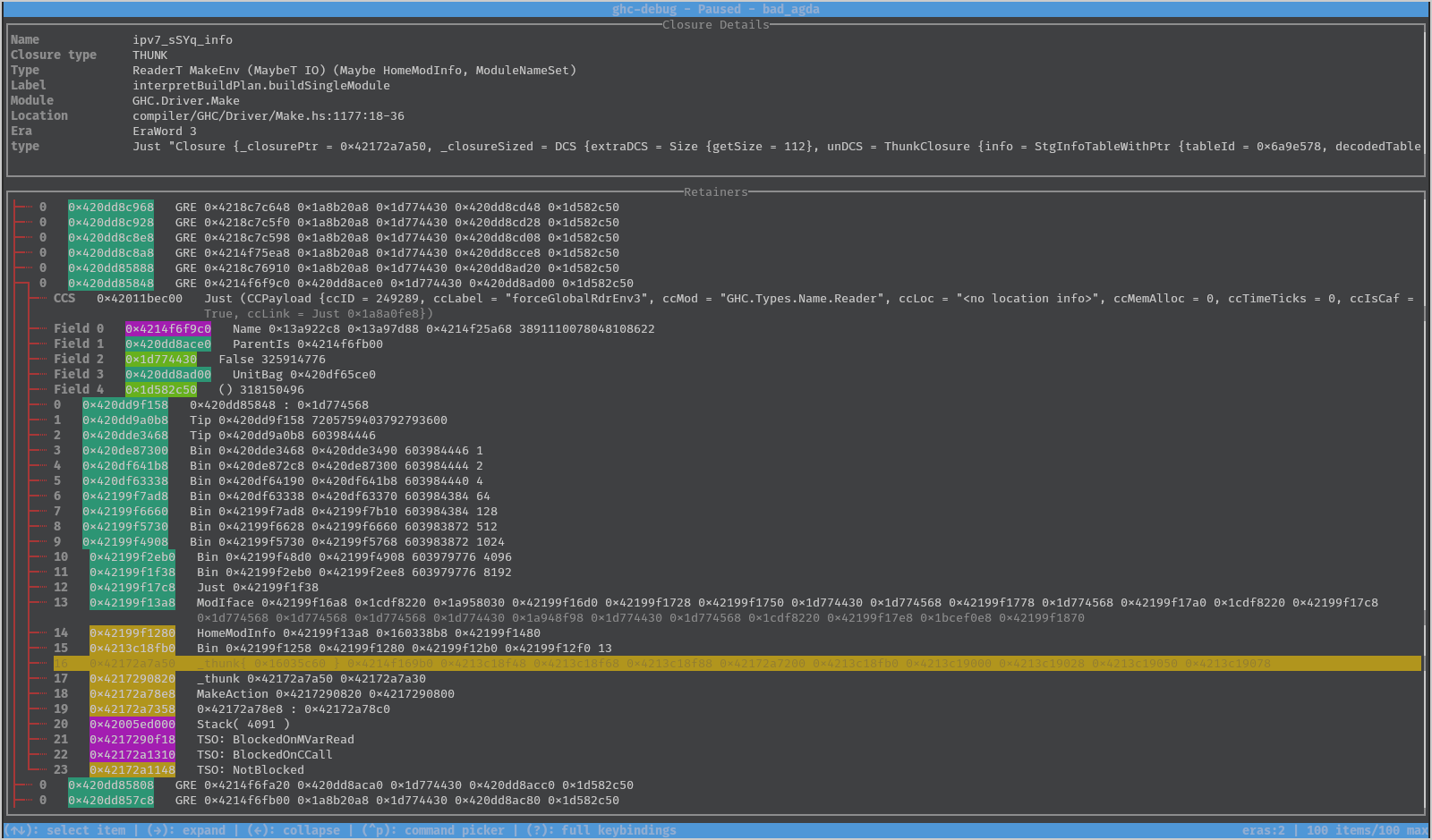ghc-debug-brick screenshot, with closures coloured by era