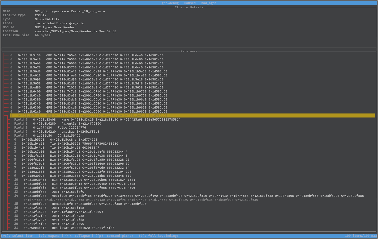 ghc-debug-brick screenshot, no eras